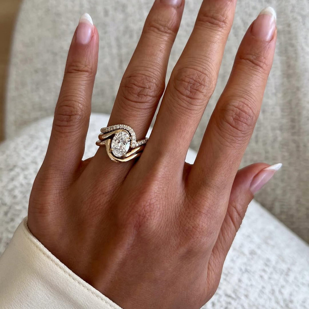 Oval Cut Lab Grown Engagement Ring Set Trio Band Wedding Bridal Set