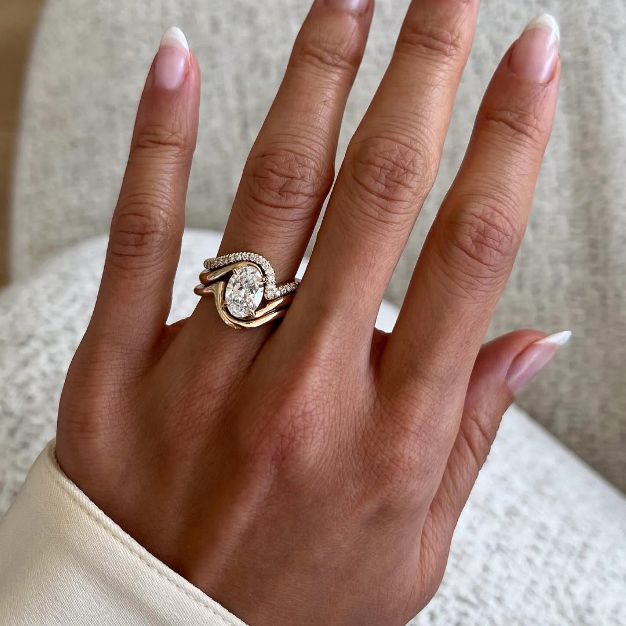 Oval Cut Lab Grown Engagement Ring Set Trio Band Wedding Bridal Set