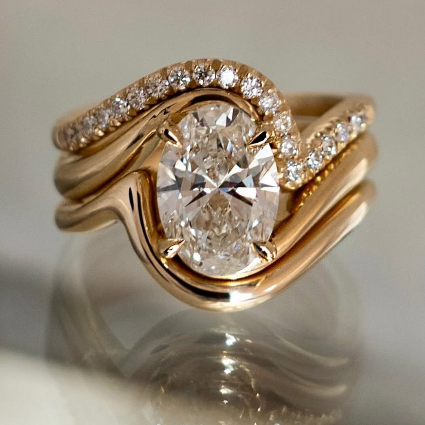 Oval Cut Moissanite Engagement Ring Set Trio Band Wedding Bridal Set