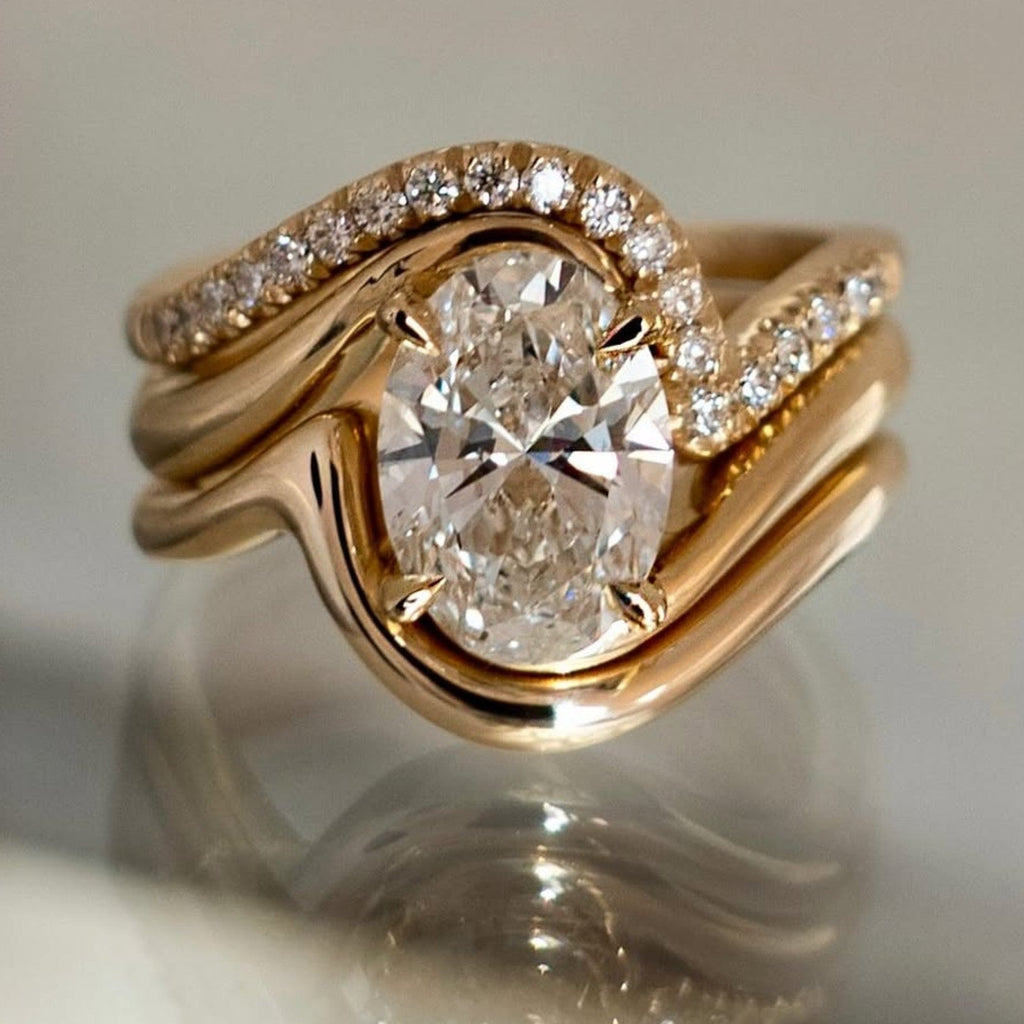 Oval Cut Lab Grown Engagement Ring Set Trio Band Wedding Bridal Set