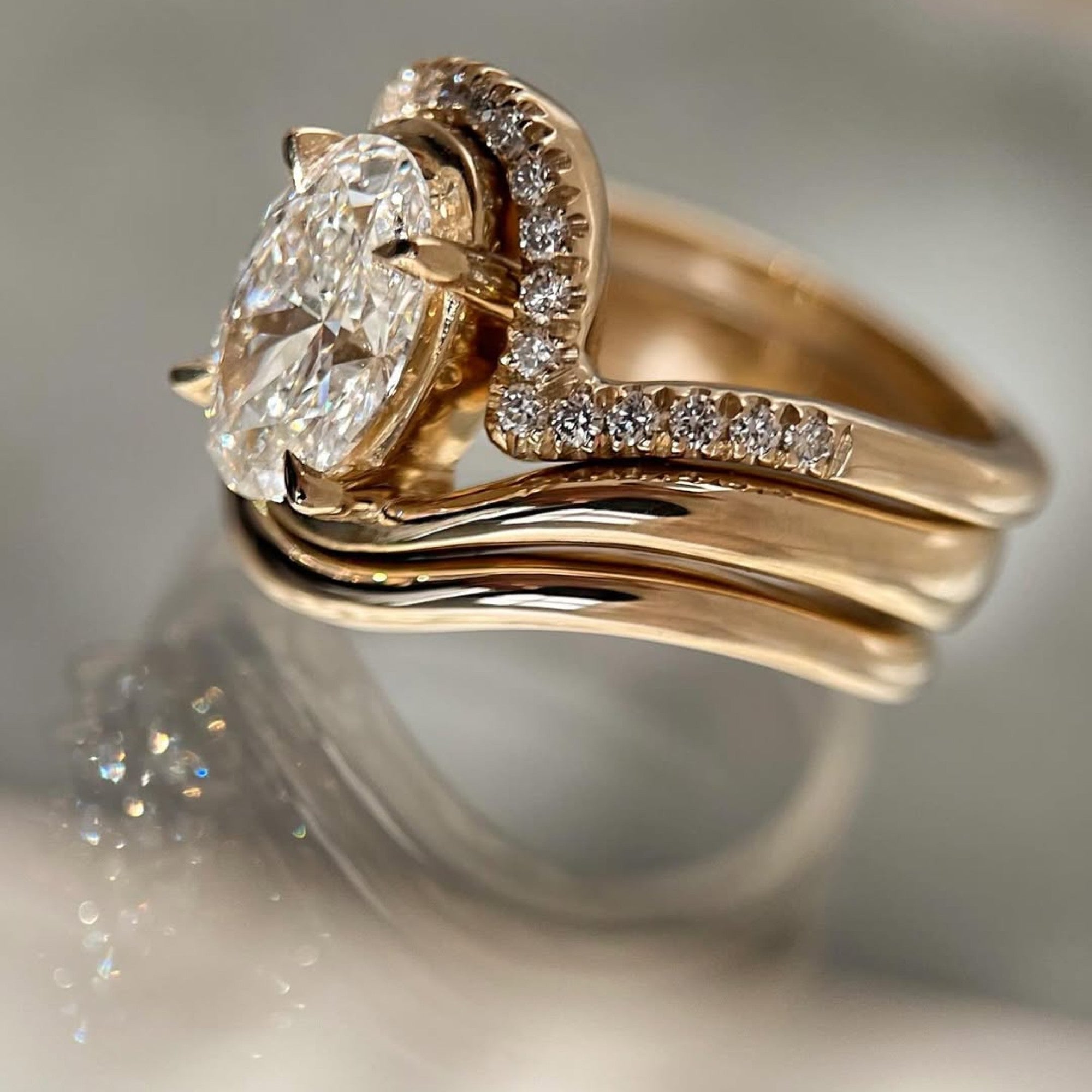 Oval Cut Lab Grown Engagement Ring Set Trio Band Wedding Bridal Set