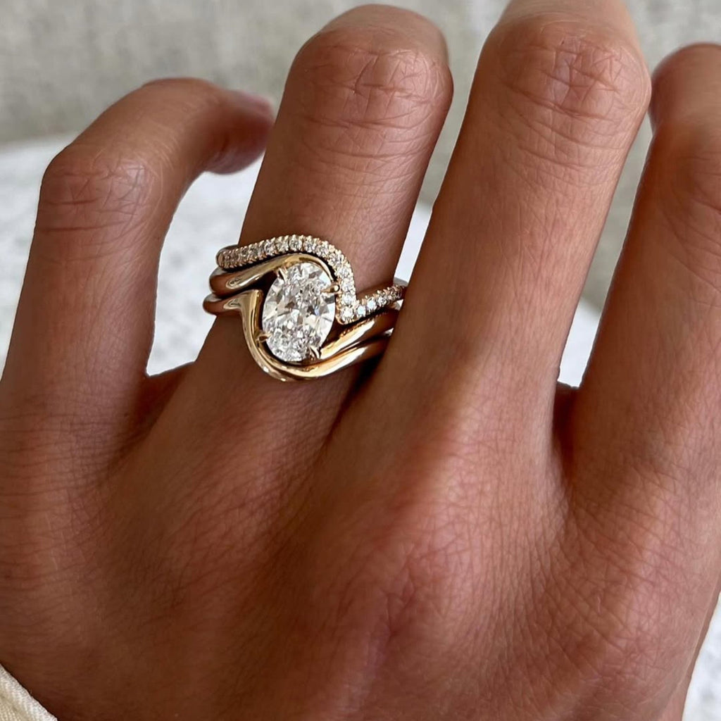 Oval Cut Moissanite Engagement Ring Set Trio Band Wedding Bridal Set