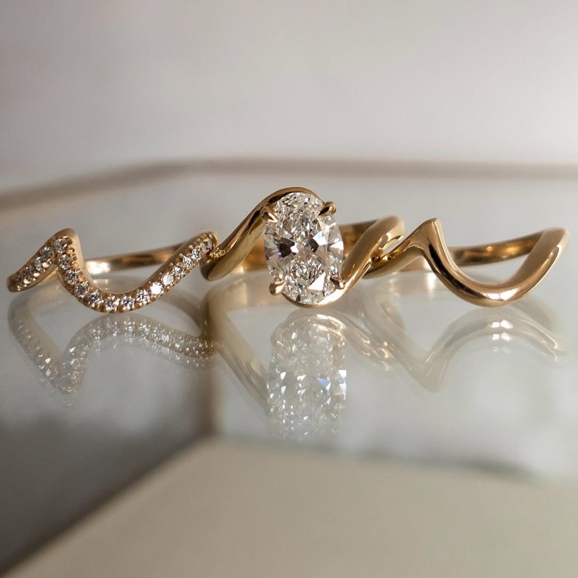 Oval Cut Lab Grown Engagement Ring Set Trio Band Wedding Bridal Set