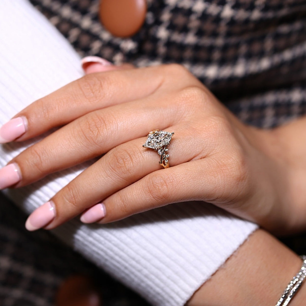 Dutch Marquise Lab Grown Engagement Ring Floral Set Vintage Inspired Wedding Ring