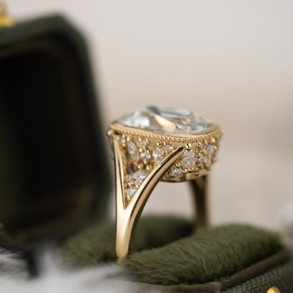 Old Mine Elongated Cushion Lab Grown Engagement Ring Bezel Set Vintage Inspired Ring