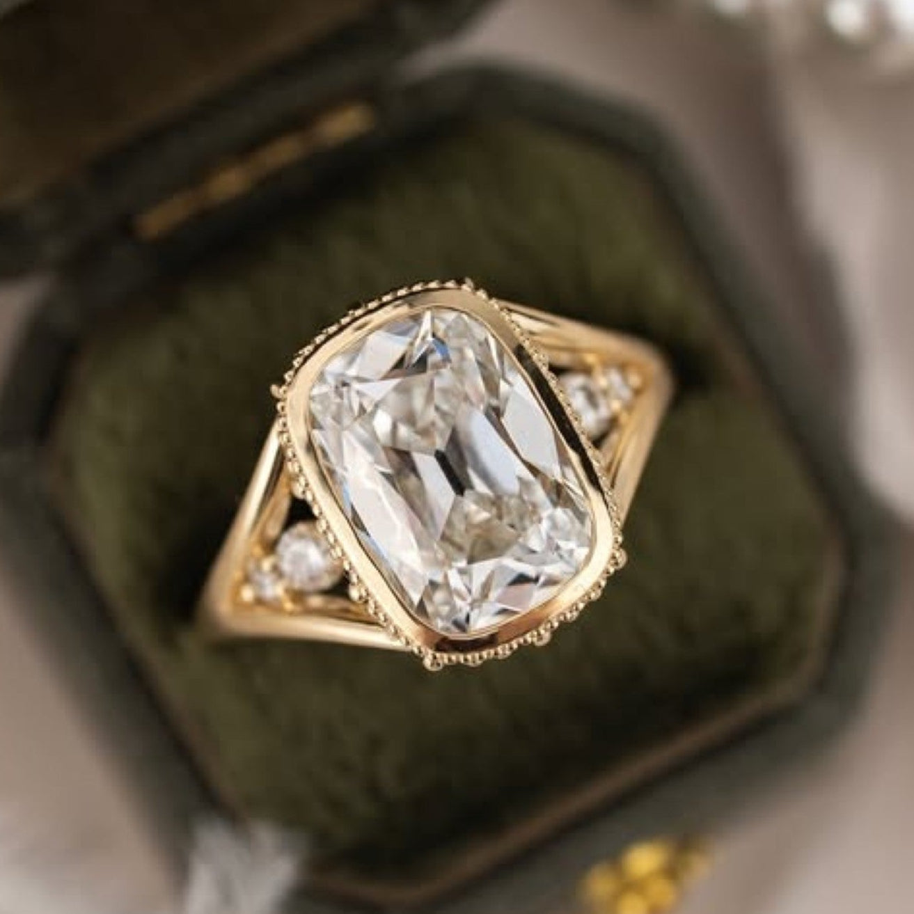 Old Mine Elongated Cushion Lab Grown Engagement Ring Bezel Set Vintage Inspired Ring