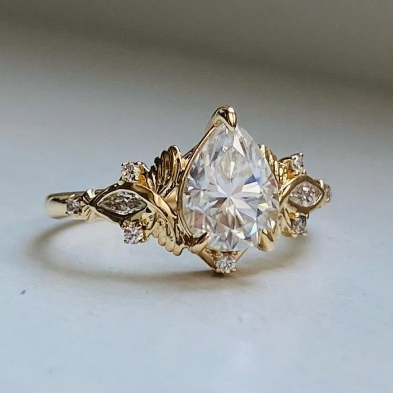 Pear Cut Moissanite Engagement Ring Art Deco Gold Wedding Ring