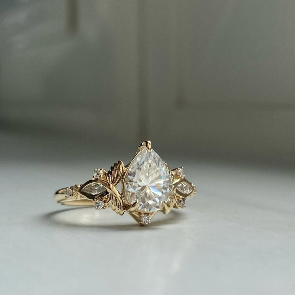 Pear Cut Moissanite Engagement Ring Art Deco Gold Wedding Ring