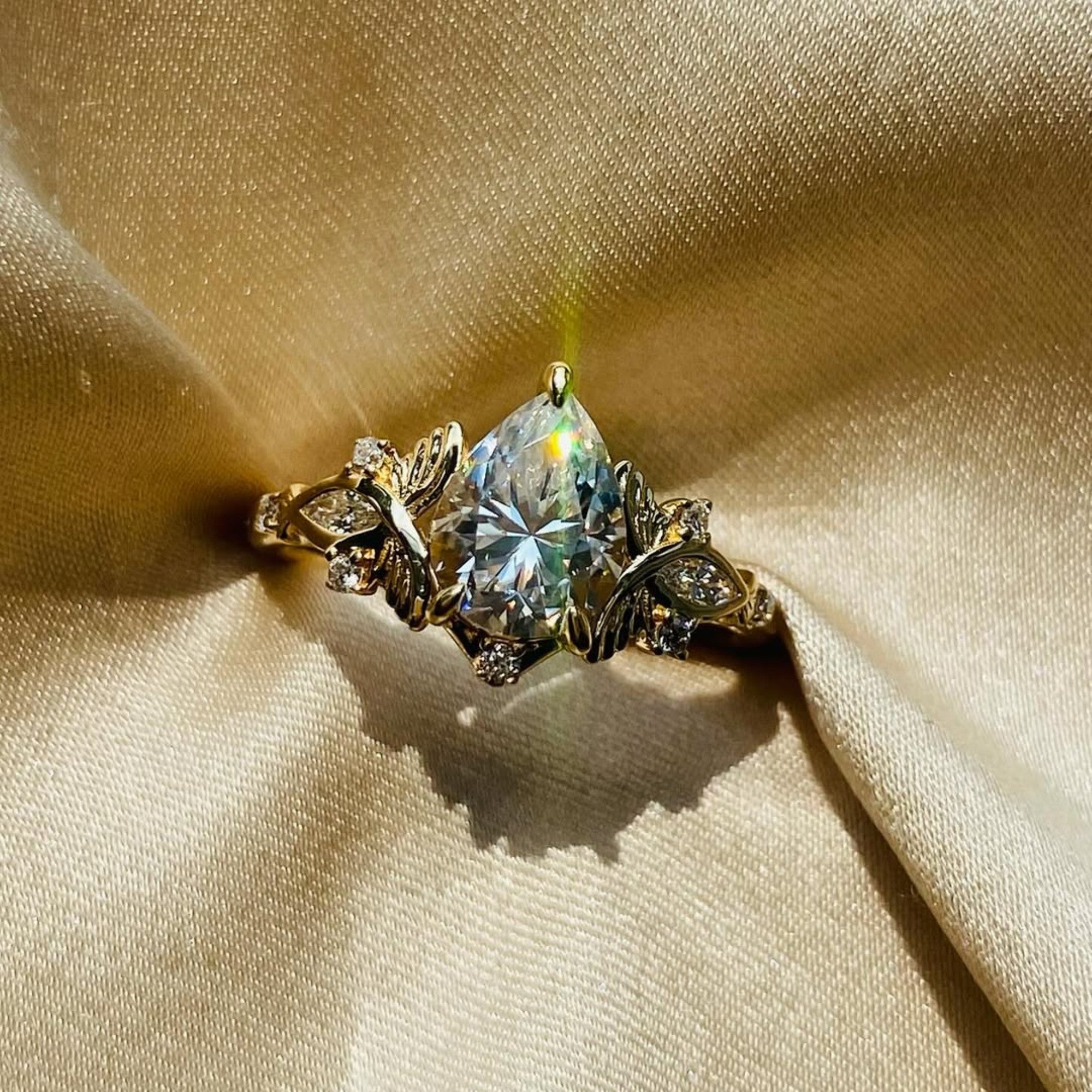 Pear Cut Moissanite Engagement Ring Art Deco Gold Wedding Ring