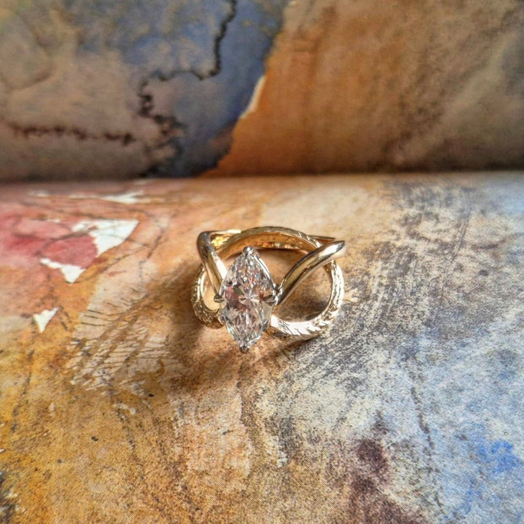Marquise Lab Grown Engagement Ring Set Gold Wedding Bridal Set