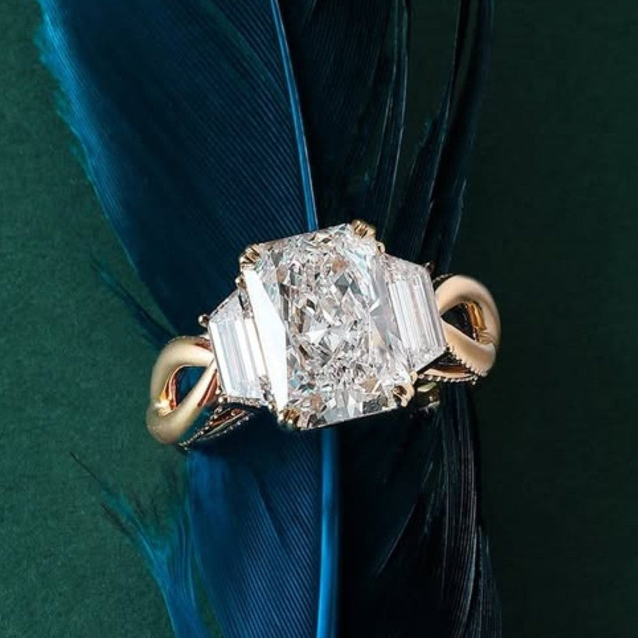 Radiant Moissanite Engagement Ring Three Stone Gold Wedding Ring