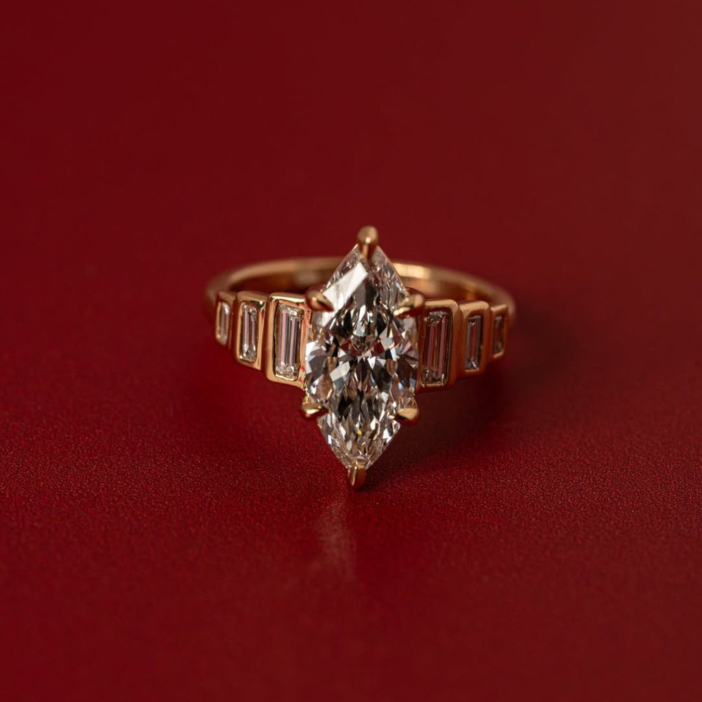 Marquise Lab Grown Engagement Ring Bezel Set Baguette Gold Wedding Ring