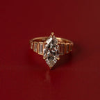 Marquise Lab Grown Engagement Ring Bezel Set Baguette Gold Wedding Ring