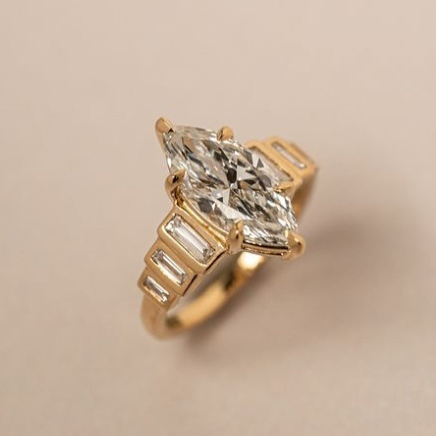 Marquise Moissanite Engagement Ring Bezel Set Baguette Gold Wedding Ring