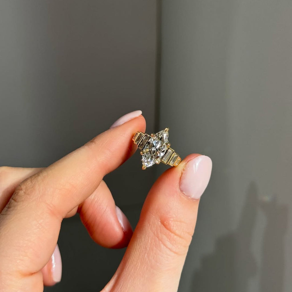 Marquise Lab Grown Engagement Ring Bezel Set Baguette Gold Wedding Ring