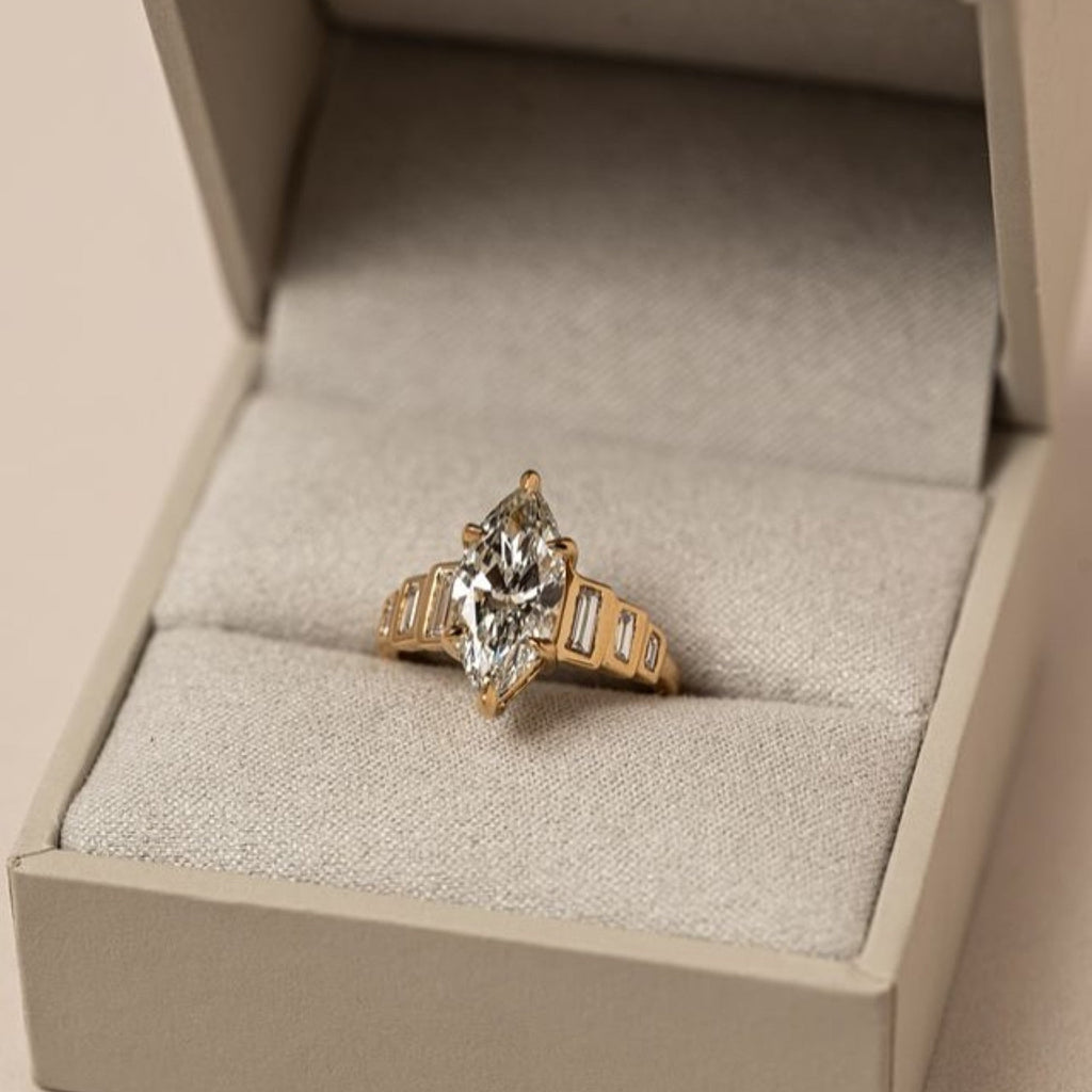 Marquise Moissanite Engagement Ring Bezel Set Baguette Gold Wedding Ring