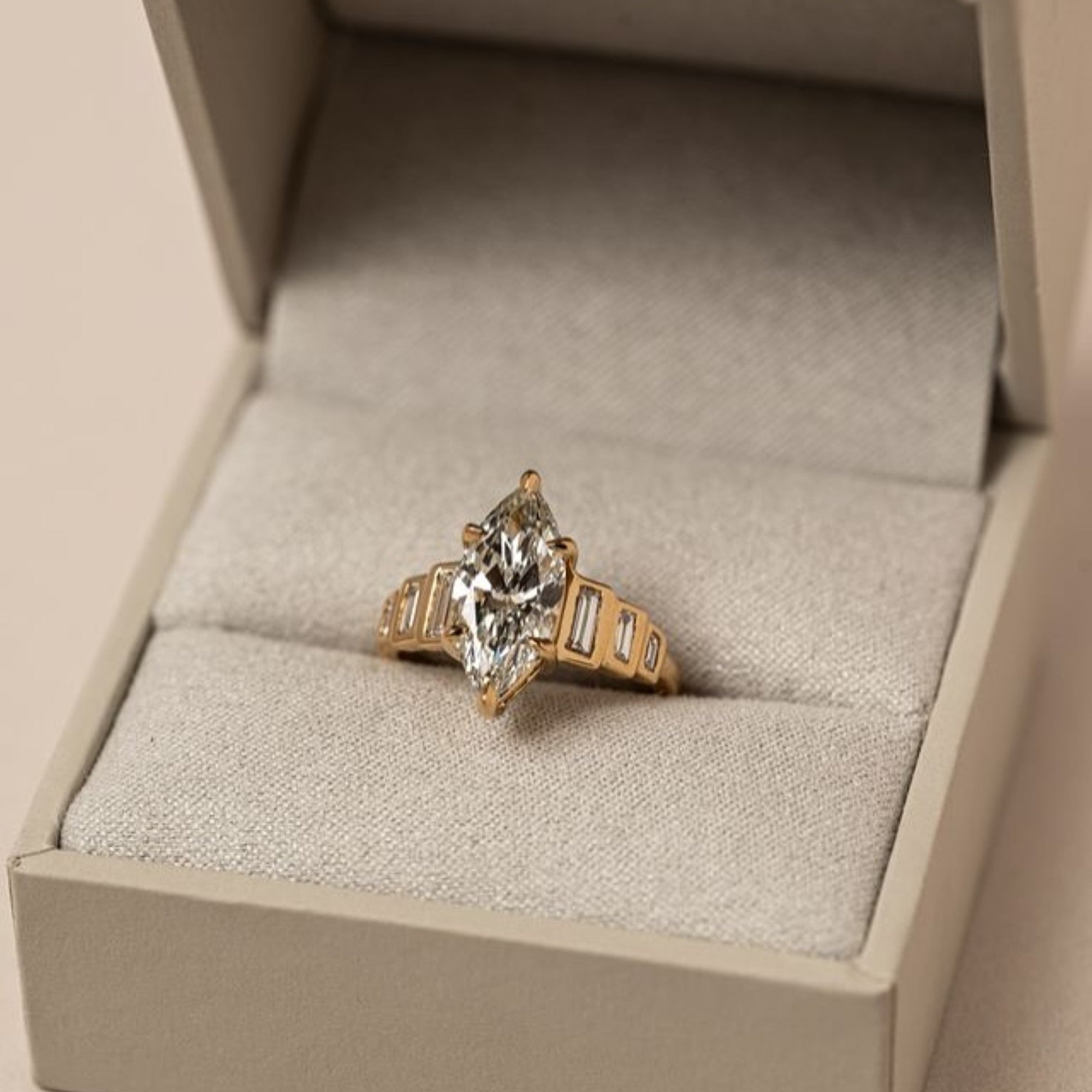Marquise Lab Grown Engagement Ring Bezel Set Baguette Gold Wedding Ring