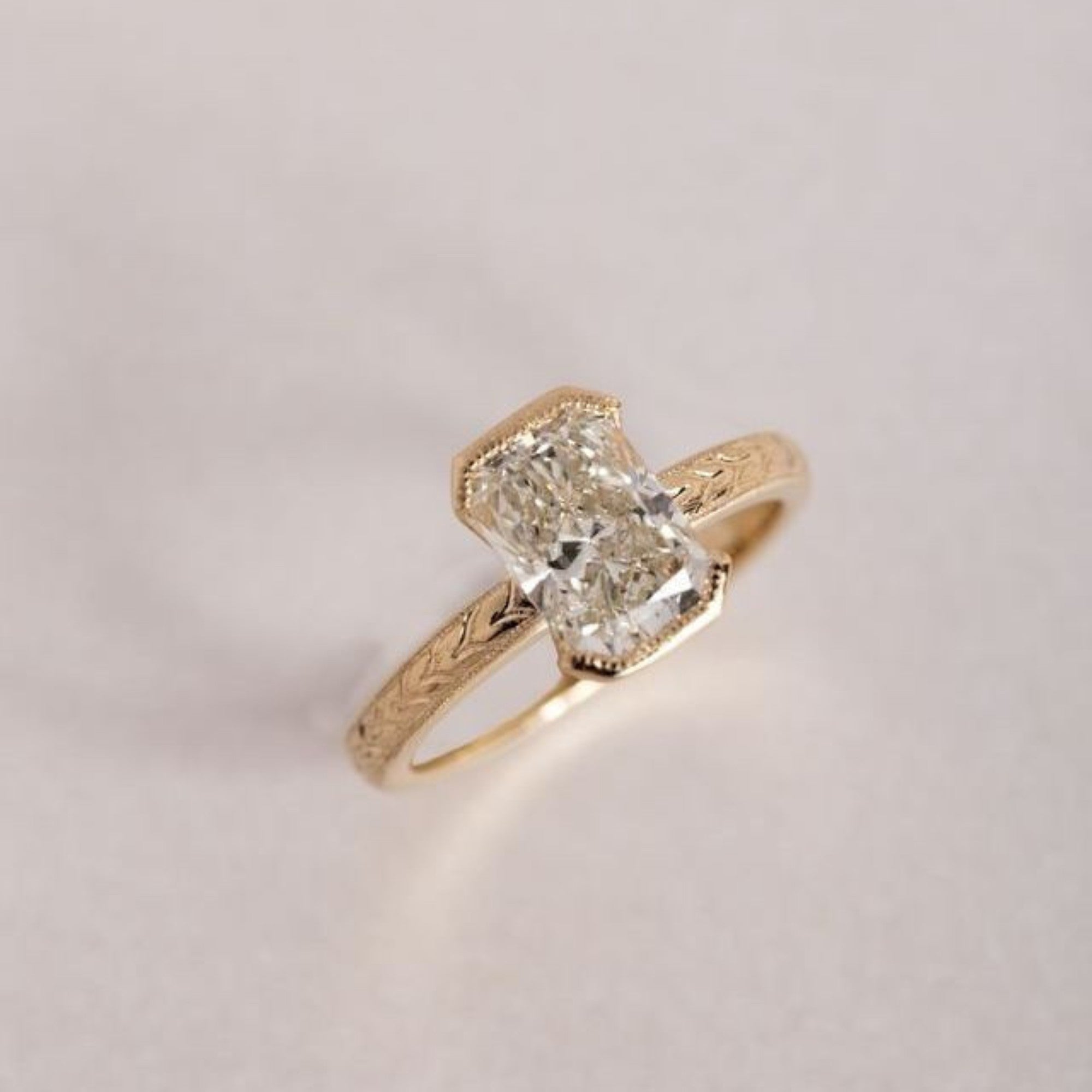 Radiant Half Bezel Set Moissanite Engagement Ring Vintage Inspired Gold Wedding Ring