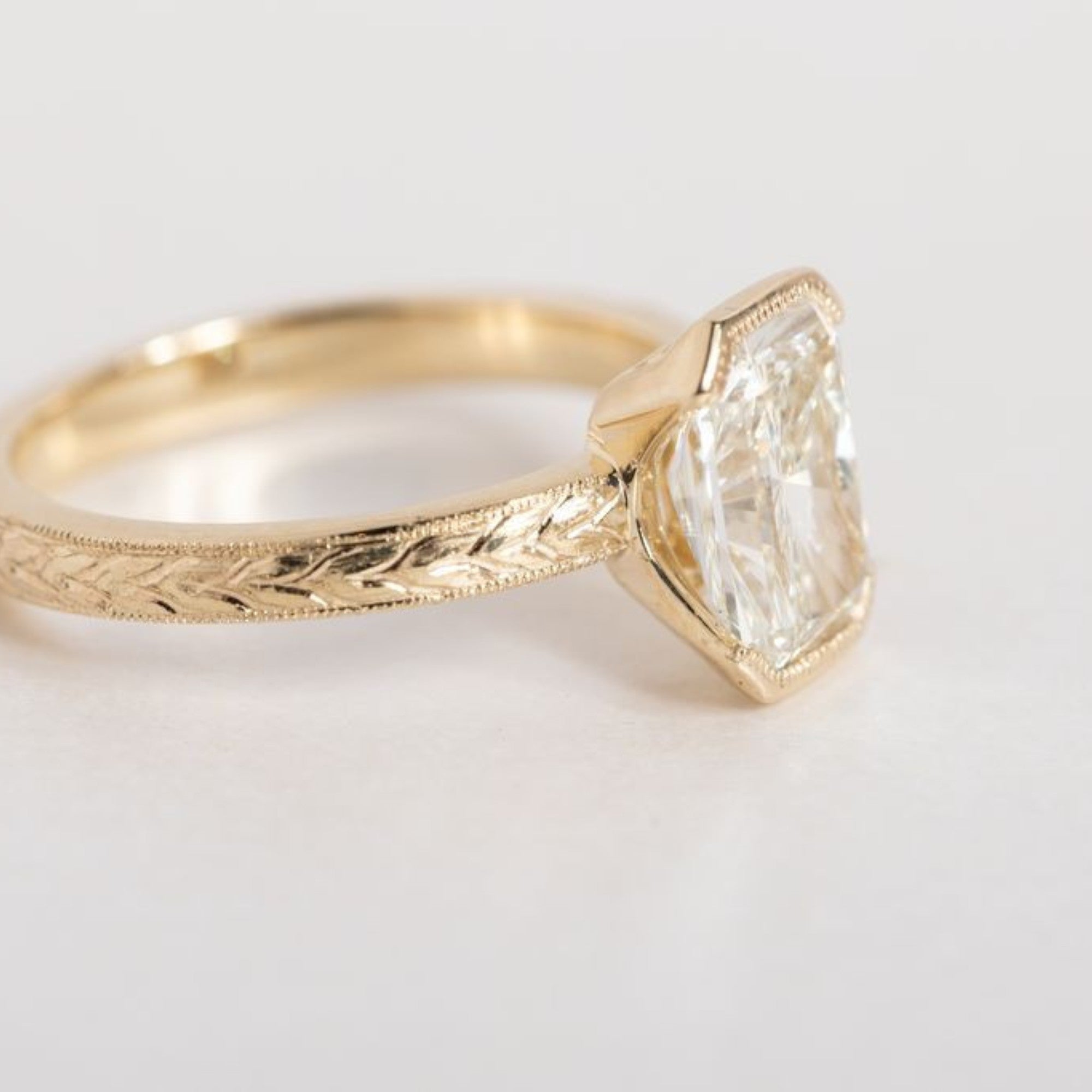 Radiant Half Bezel Set Lab Grown Engagement Ring Vintage Inspired Gold Wedding Ring