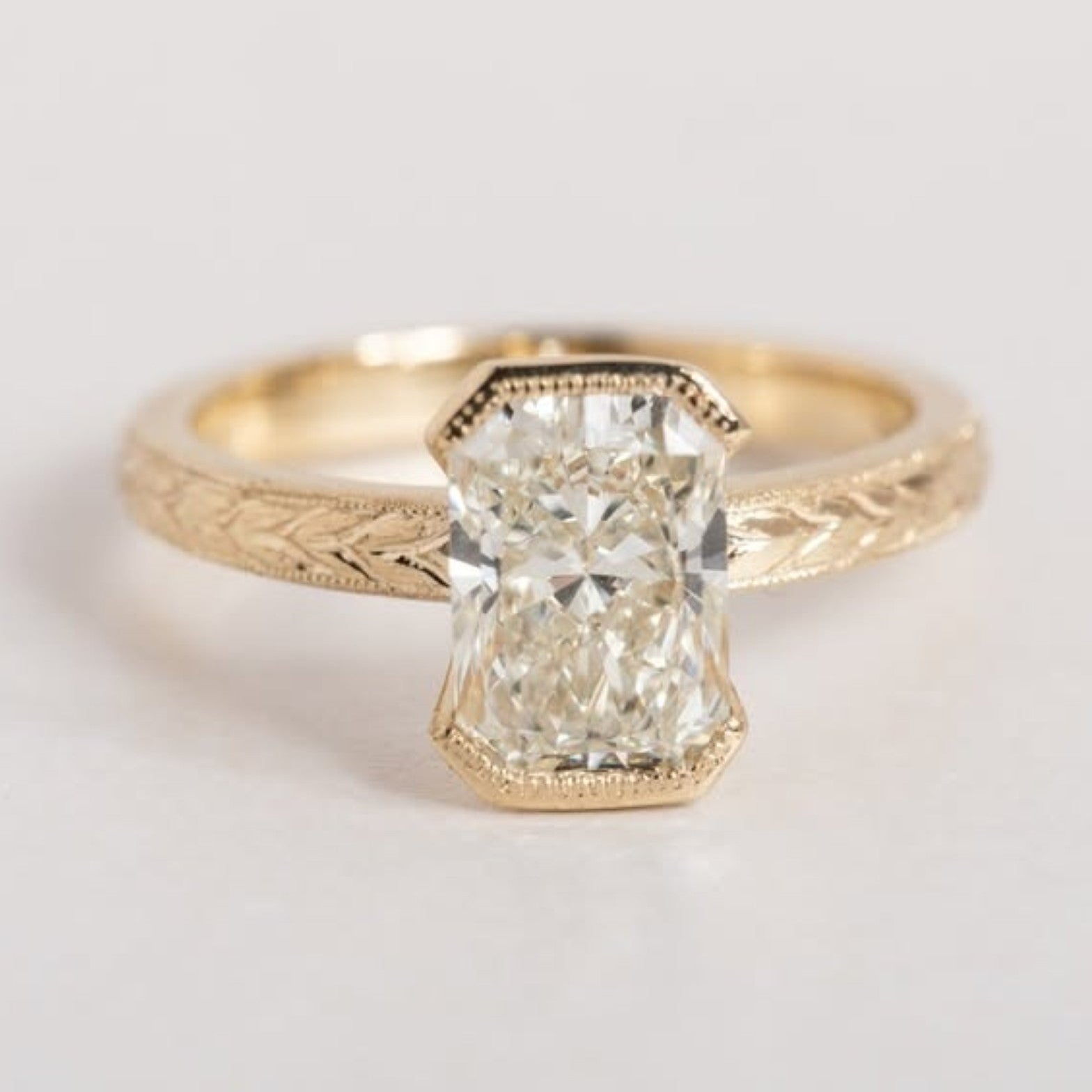 Radiant Half Bezel Set Lab Grown Engagement Ring Vintage Inspired Gold Wedding Ring