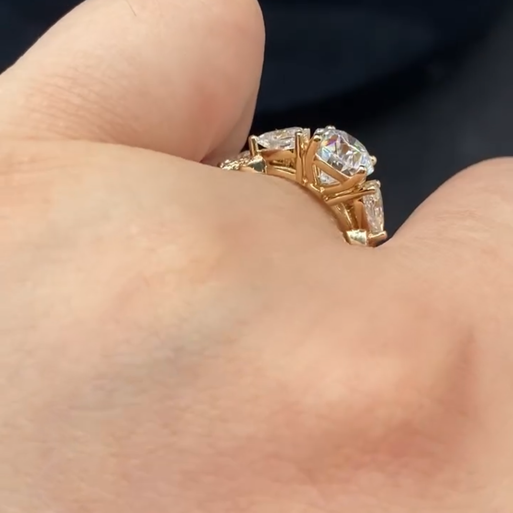 Oval Cut Floral Moissanite Engagement Ring Set Twisted Band Gold Wedding Bridal Set