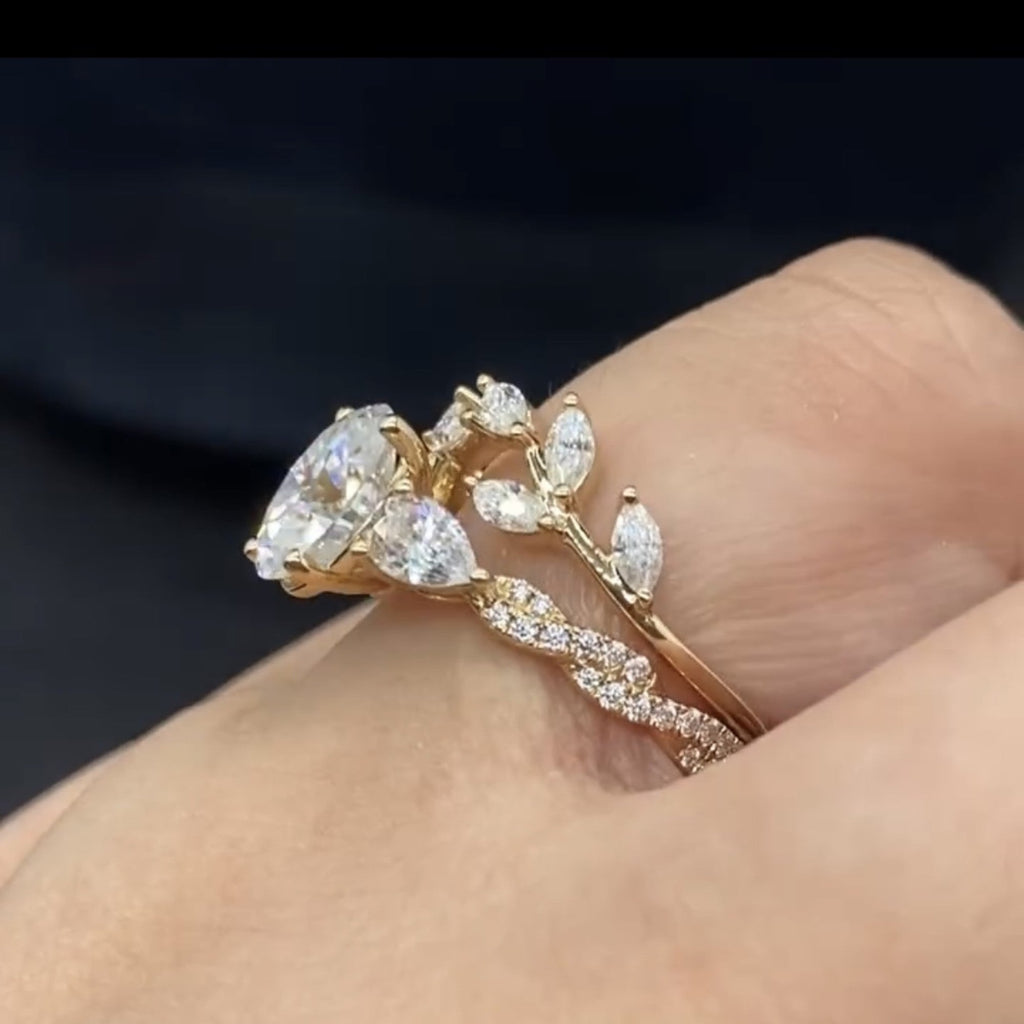 Oval Cut Floral Lab Grown Engagement Ring Set Twisted Band Gold Wedding Bridal Set