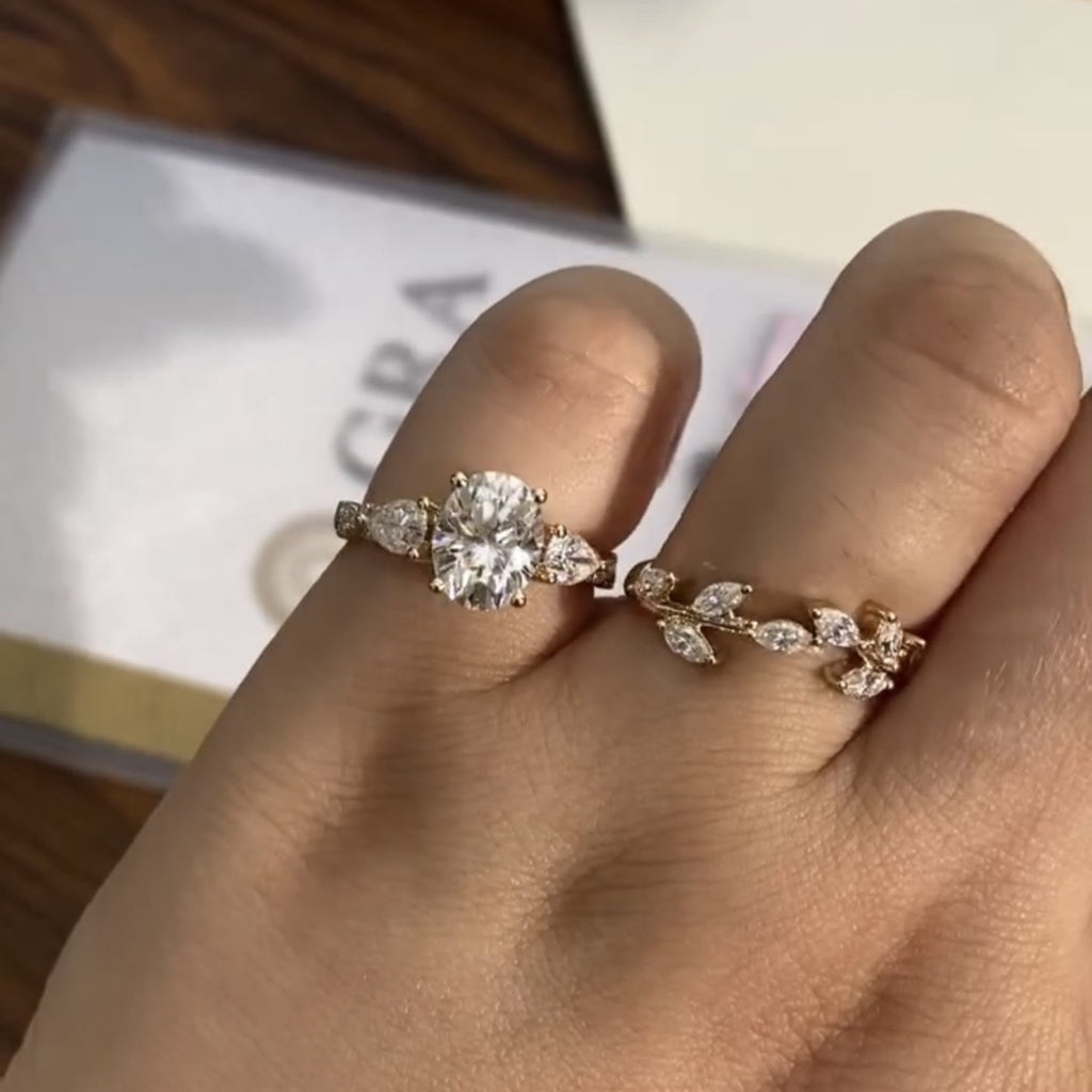 Oval Cut Floral Lab Grown Engagement Ring Set Twisted Band Gold Wedding Bridal Set