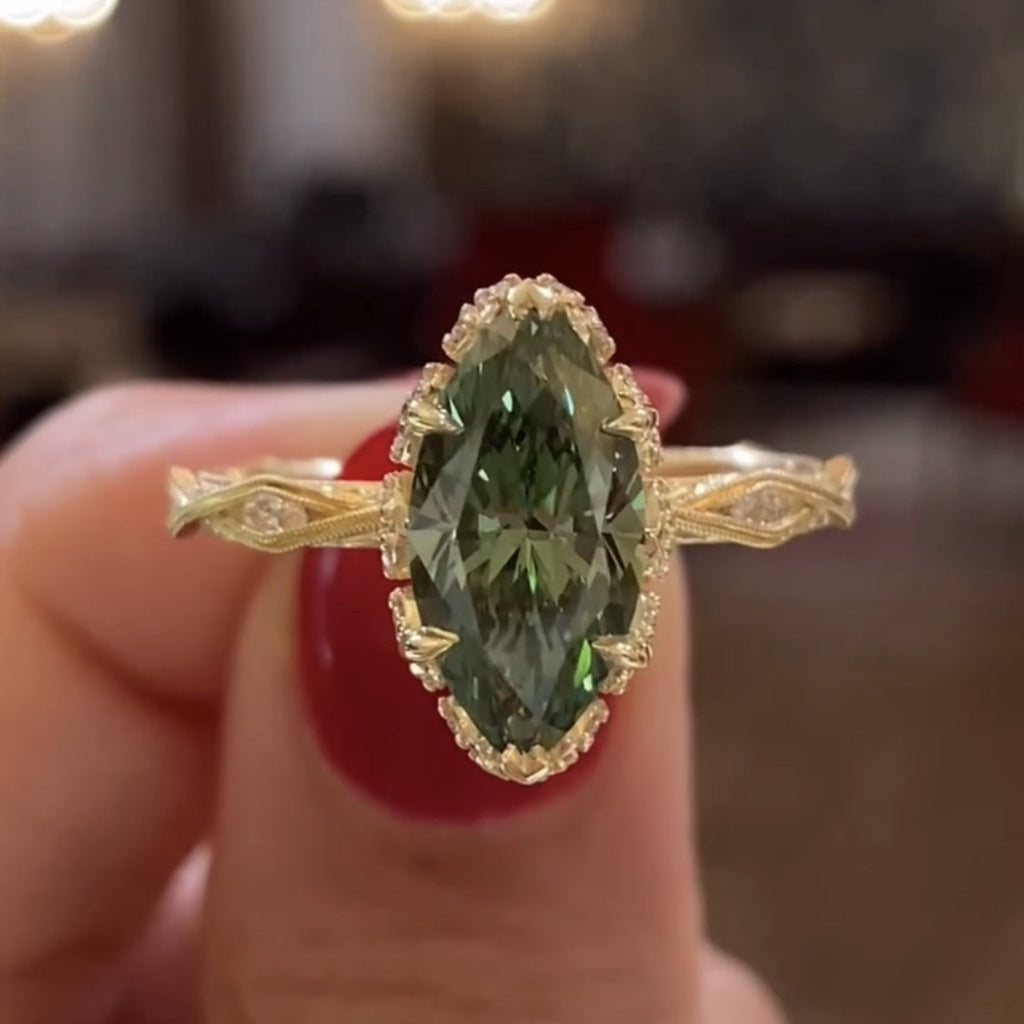 Green Marquise Lab Grown Engagement Ring Vintage Tulip Set Wedding Ring