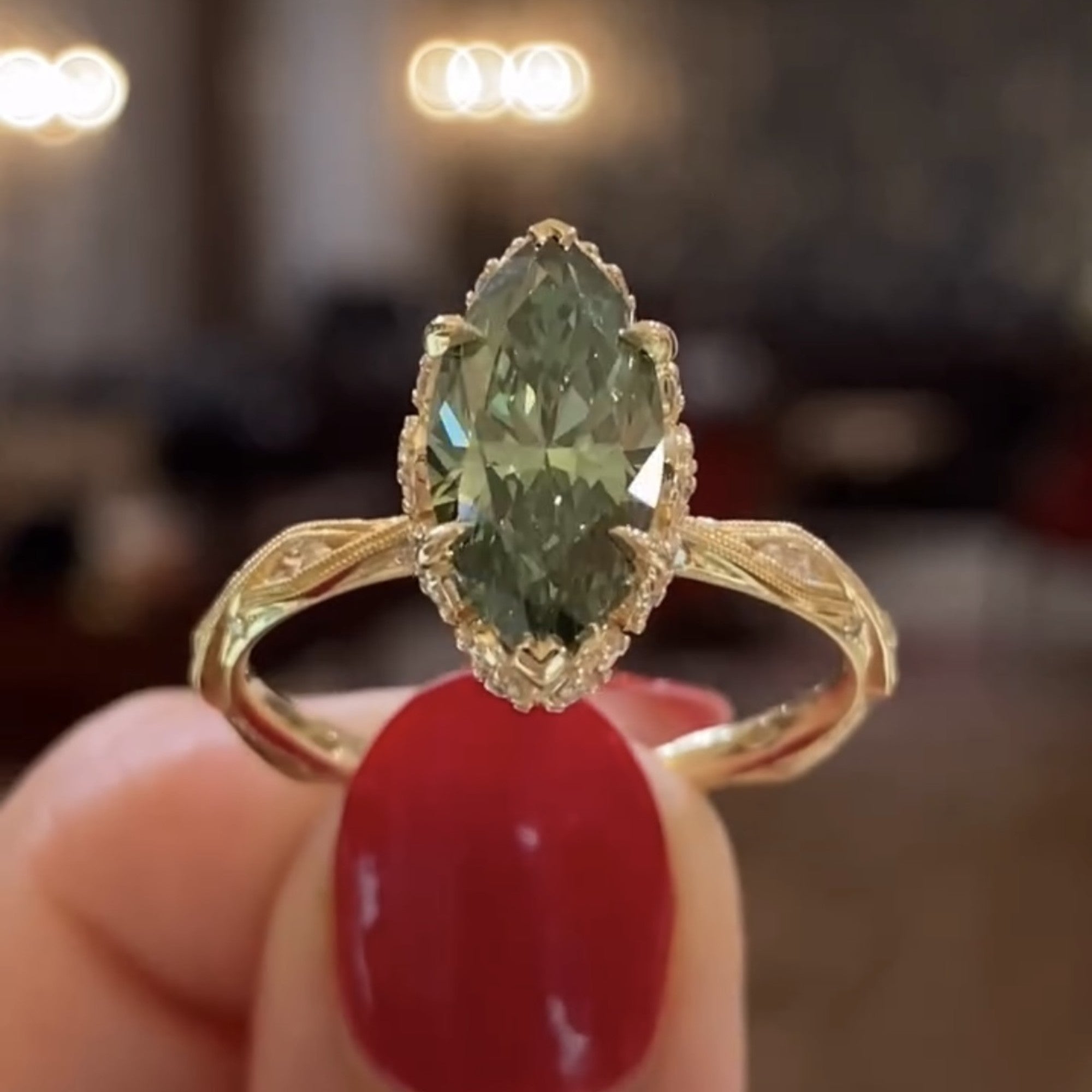 Green Marquise Moissanite Engagement Ring Vintage Tulip Set Wedding Ring