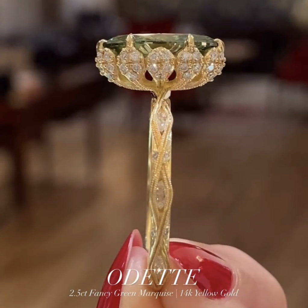 Green Marquise Moissanite Engagement Ring Vintage Tulip Set Wedding Ring
