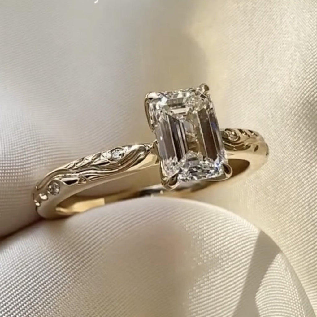 Emerald Cut Lab Grown Engagement Ring Gold Solitaire Engraved Ring