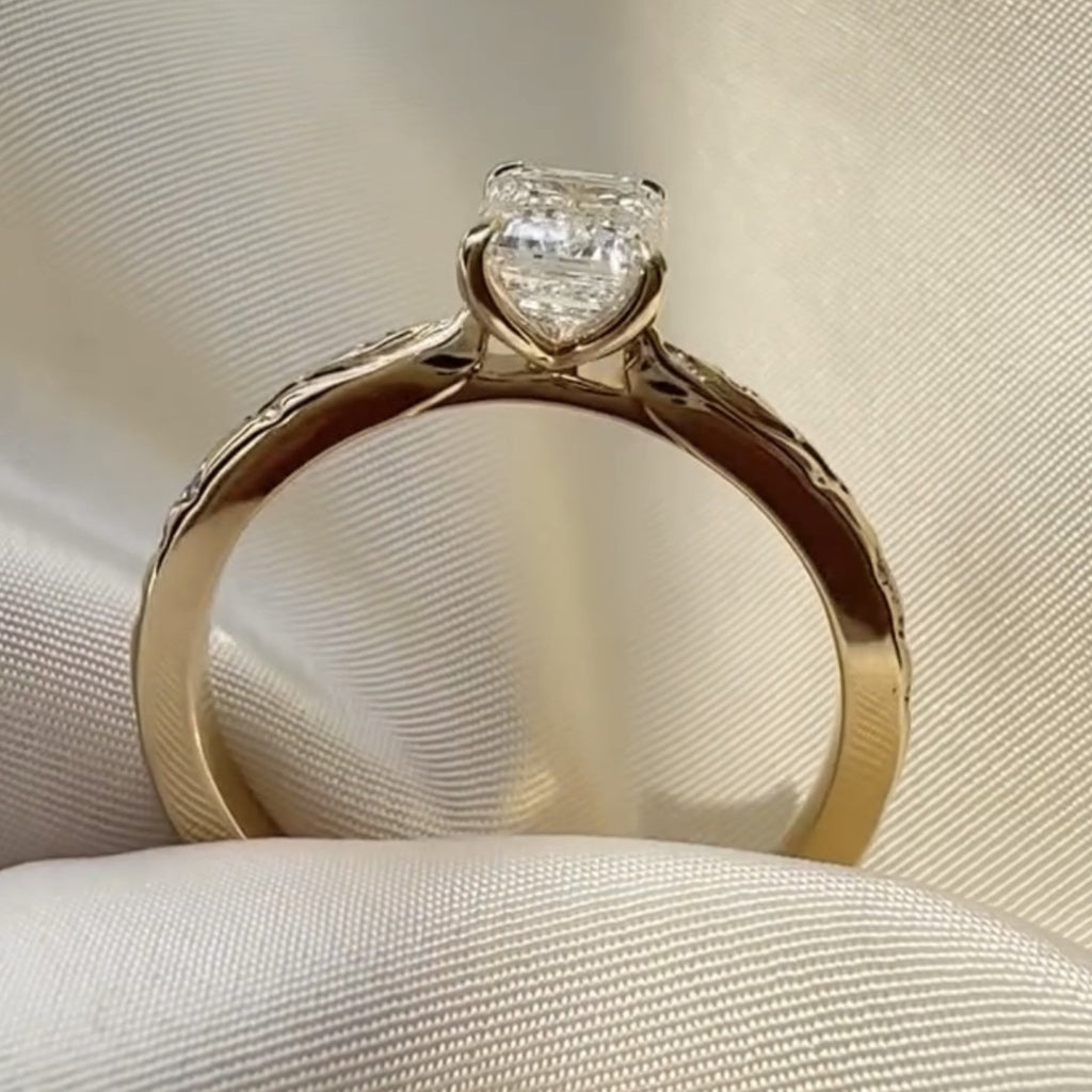 Emerald Cut Lab Grown Engagement Ring Gold Solitaire Engraved Ring