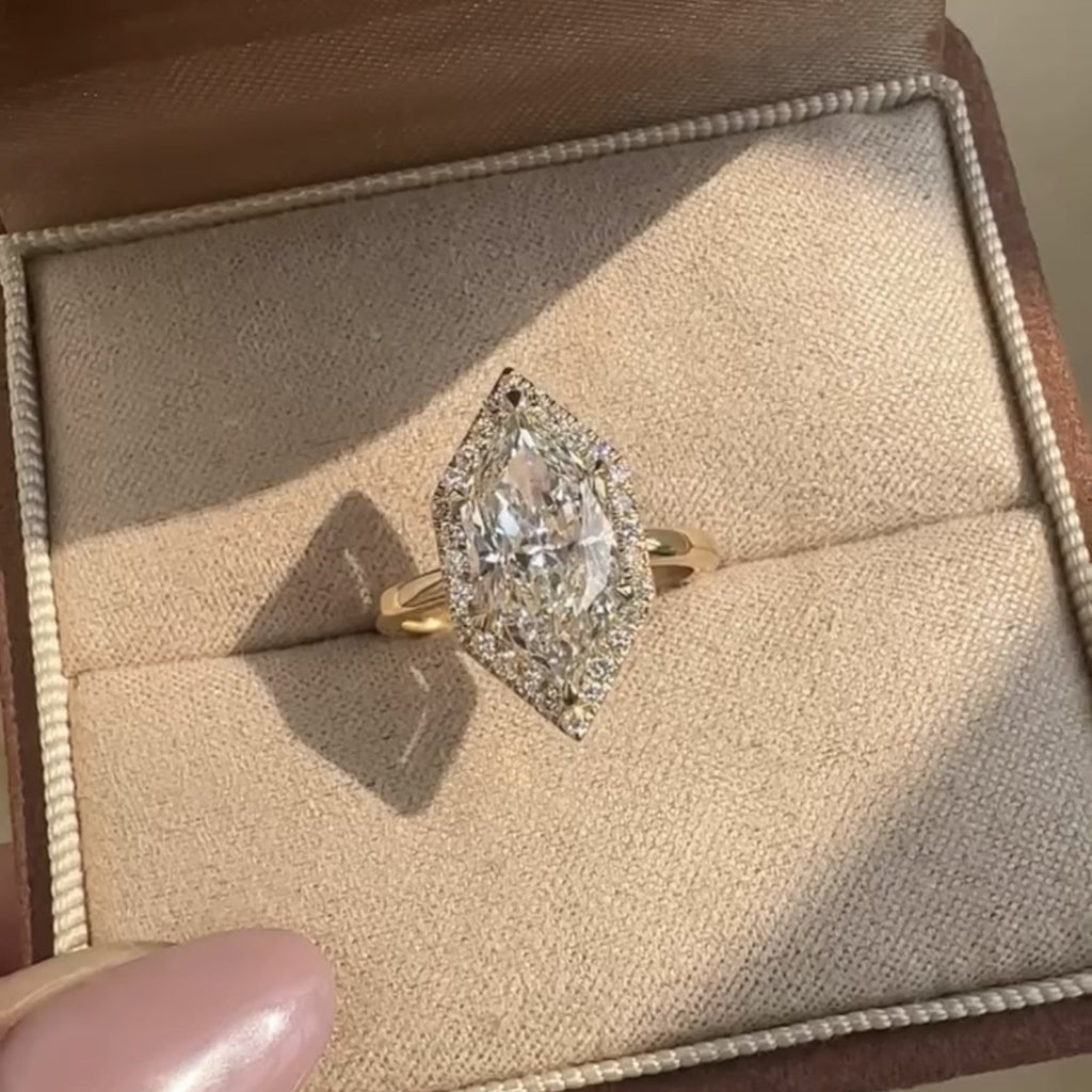 Dutch Marquise Lab Grown Halo Set Engagement Ring Solid Gold Wedding Ring