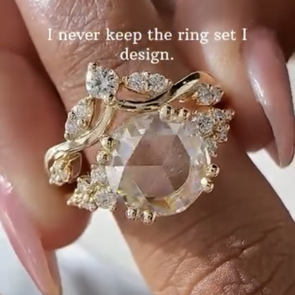Rose Cut Moissanite Engagement Ring Set Gold Bridal Wedding Ring Set