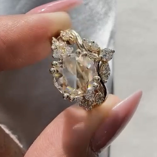 Rose Cut Moissanite Engagement Ring Set Gold Bridal Wedding Ring Set