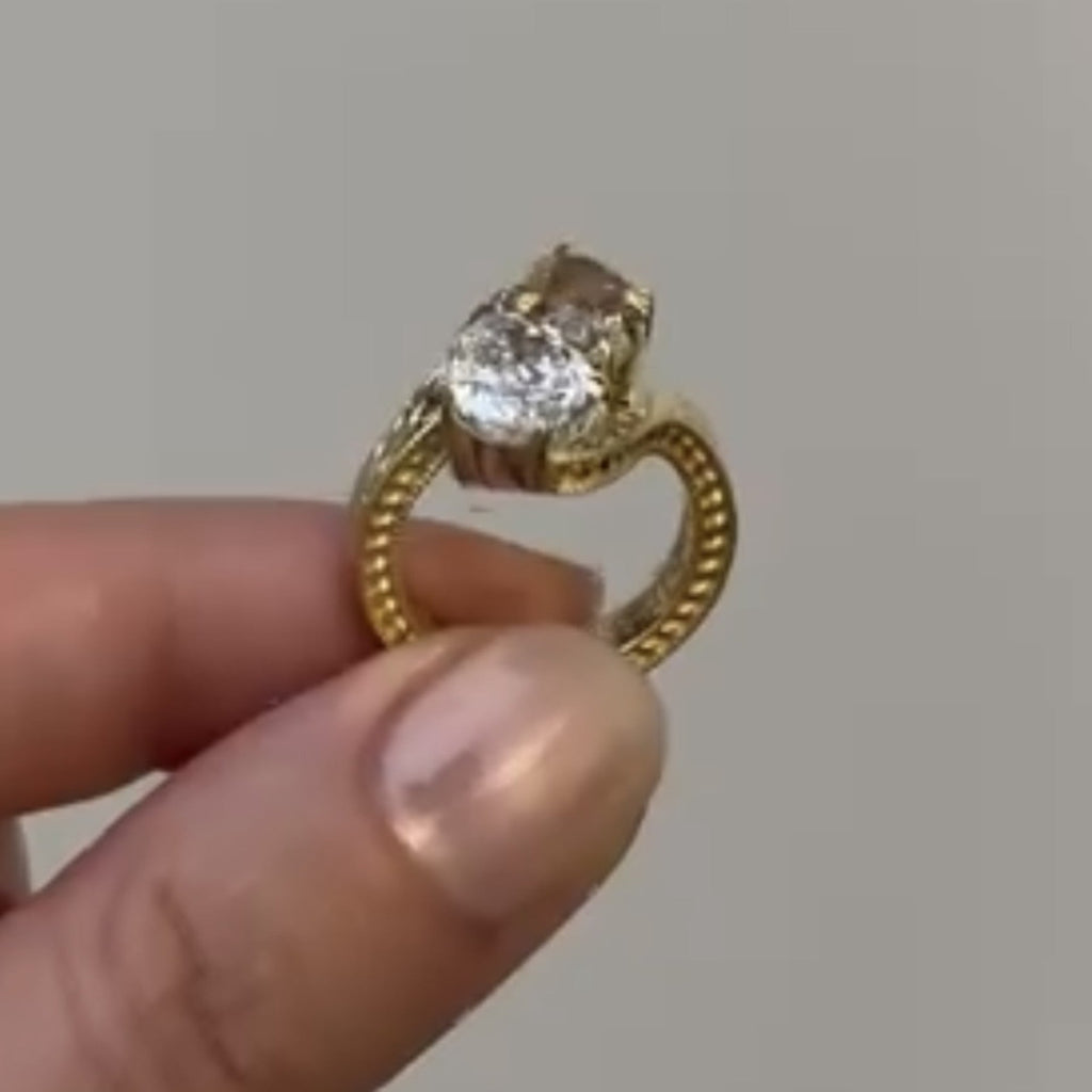 3.50 TCW Pear And Brown Oval Toi Et Moi Lab Grown Engagement Ring Engraved Band Gold Ring