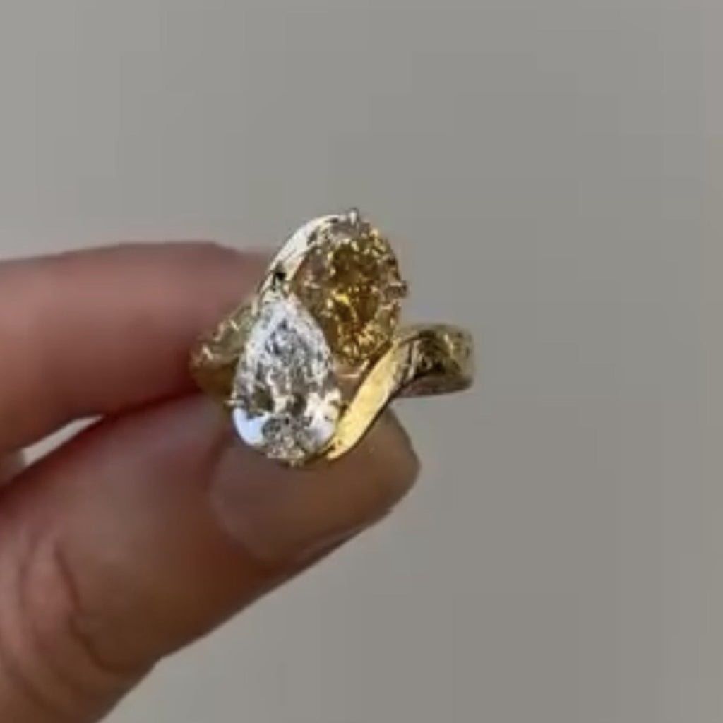 3.50 TCW Pear And Brown Oval Toi Et Moi Lab Grown Engagement Ring Engraved Band Gold Ring