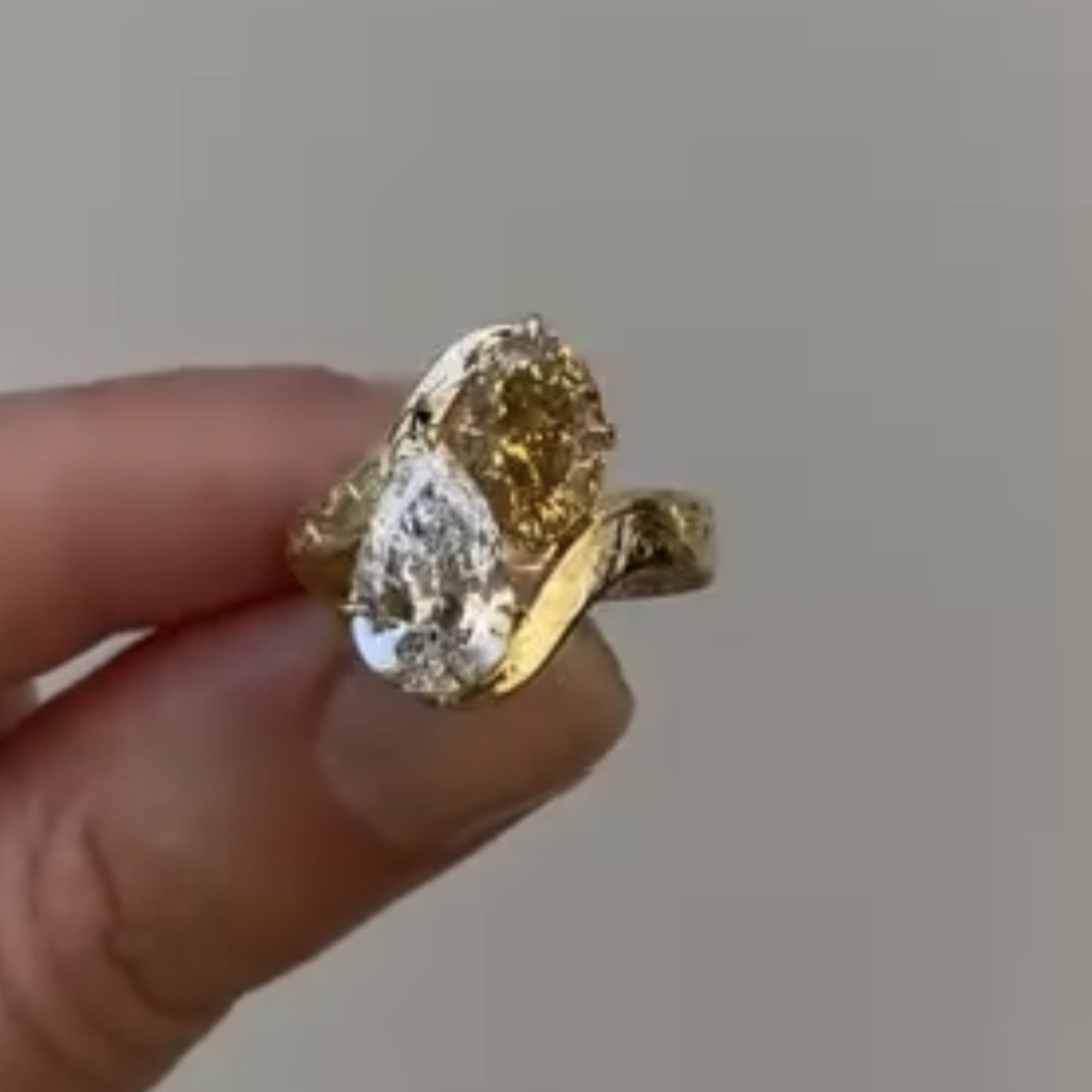3.50 TCW Pear And Brown Oval Toi Et Moi Lab Grown Engagement Ring Engraved Band Gold Ring