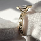 Hexagon Cut Half Bezel Set Moissanite Engagement Ring Gold Engraved Band Wedding Ring