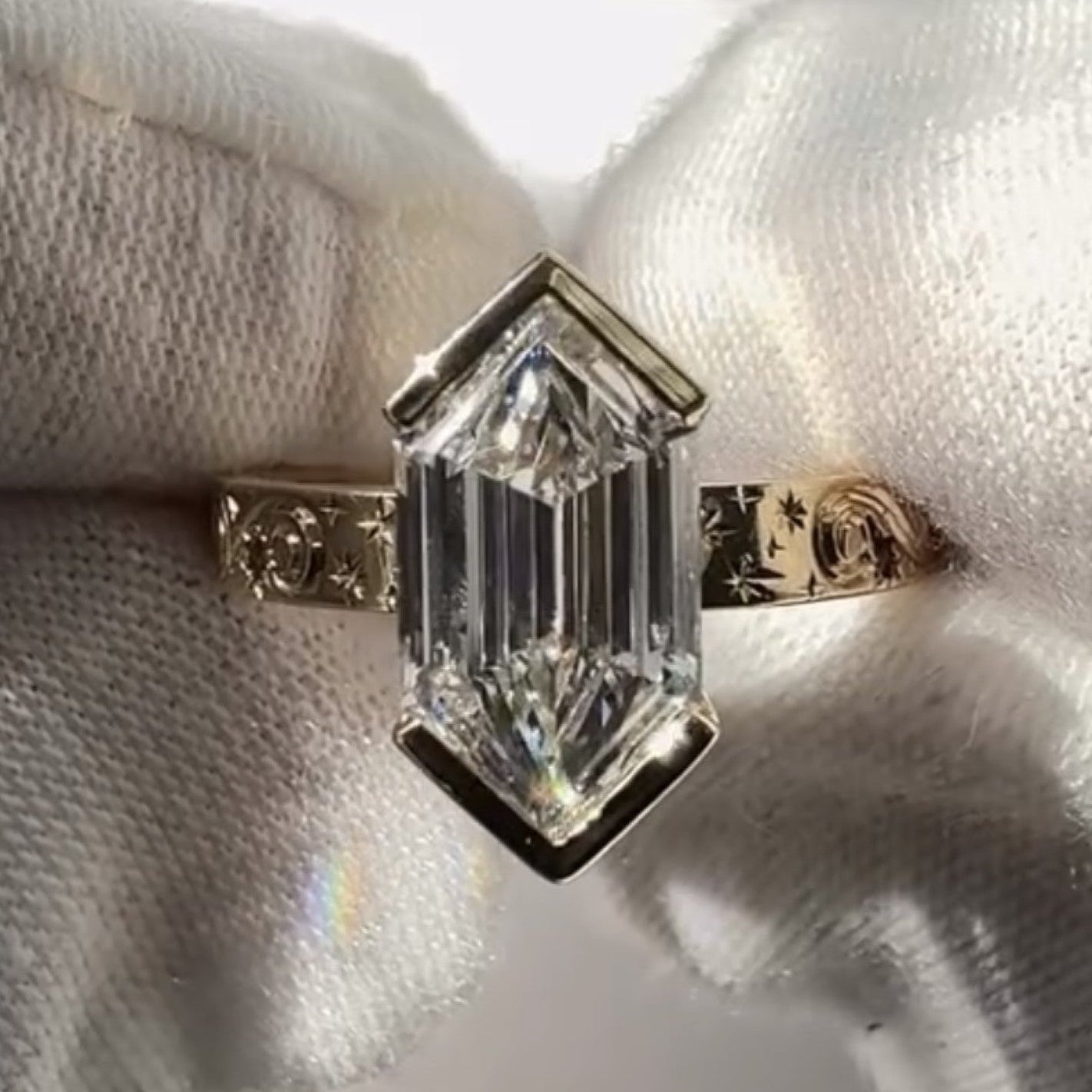 Hexagon Cut Half Bezel Set Lab Grown Engagement Ring Gold Engraved Band Wedding Ring