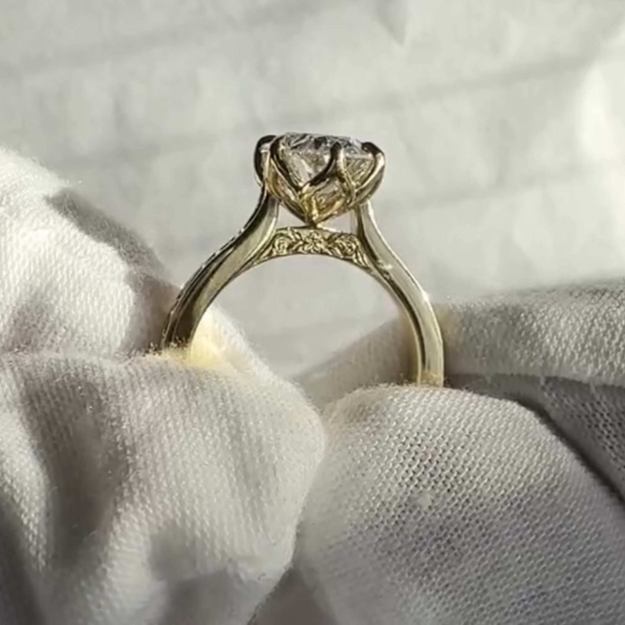 Oval Cut Lab Grown Engagement Ring Tulip Set Gold Vintage inspired Ring