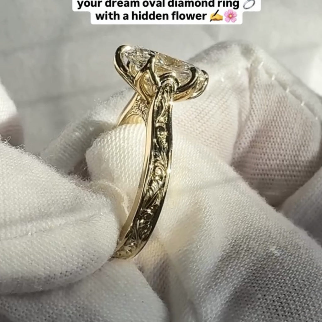 Oval Cut Lab Grown Engagement Ring Tulip Set Gold Vintage inspired Ring