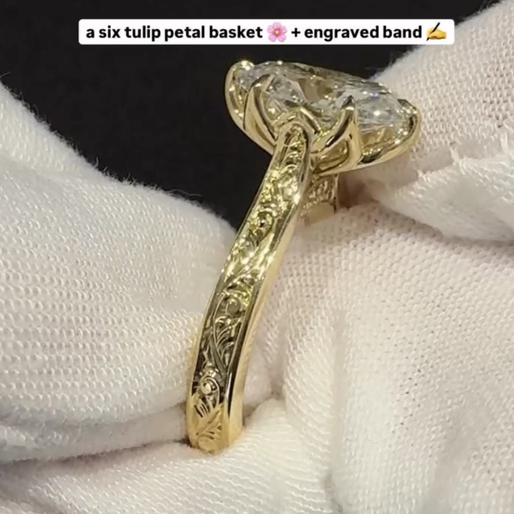 Oval Cut Lab Grown Engagement Ring Tulip Set Gold Vintage inspired Ring