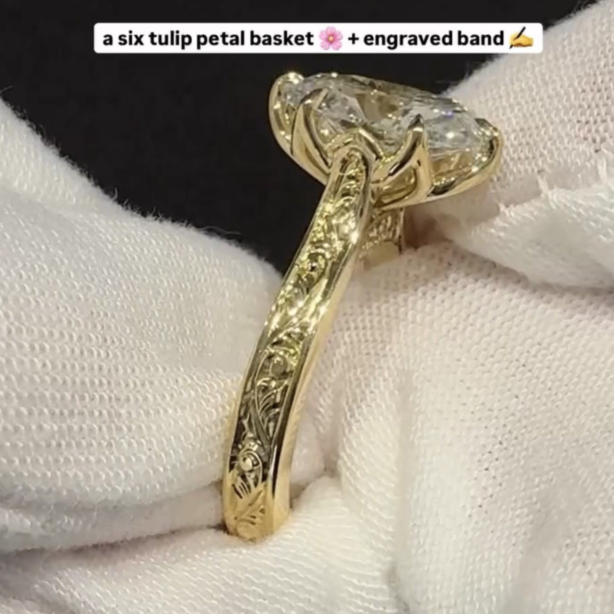 Oval Cut Lab Grown Engagement Ring Tulip Set Gold Vintage inspired Ring