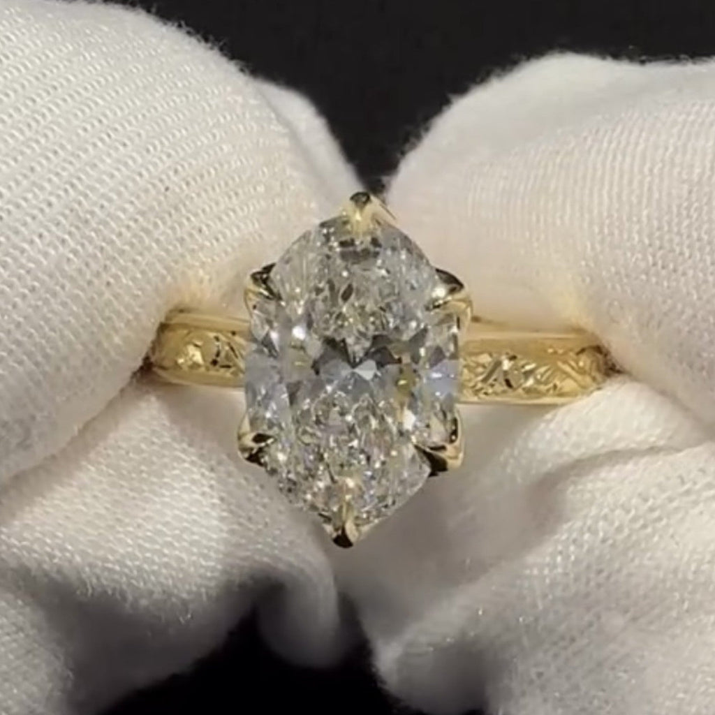 Oval Cut Lab Grown Engagement Ring Tulip Set Gold Vintage inspired Ring