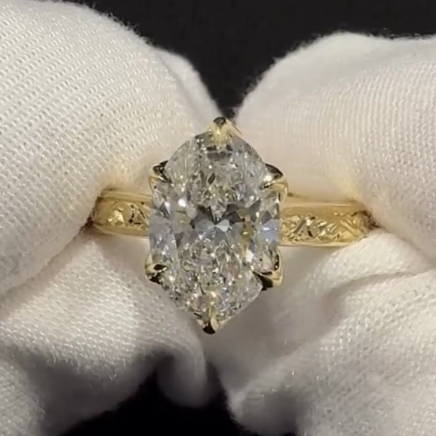 Oval Cut Lab Grown Engagement Ring Tulip Set Gold Vintage inspired Ring