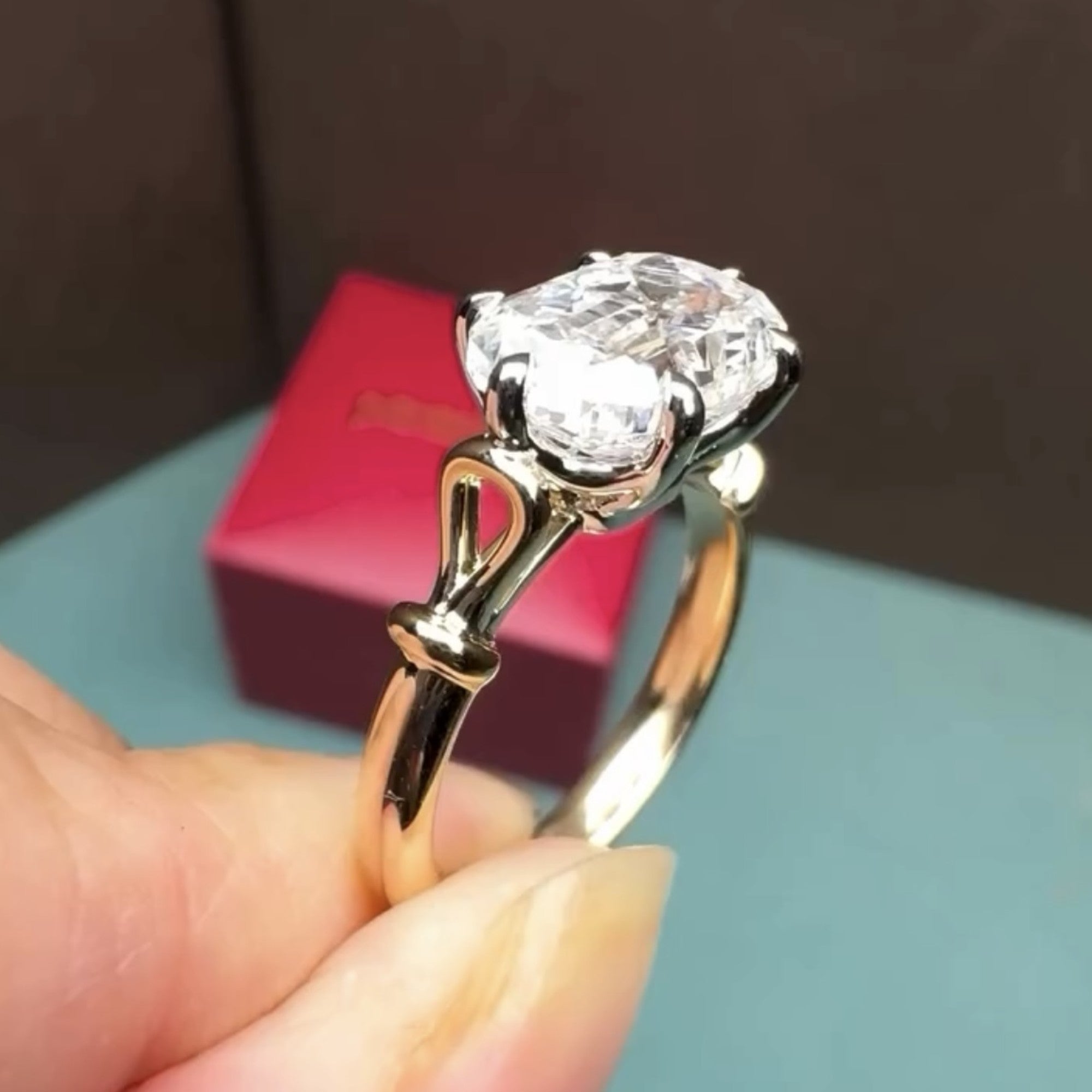 Mine Elongated Cushion Moissanite Engagement Ring East West Gold Wedding Ring