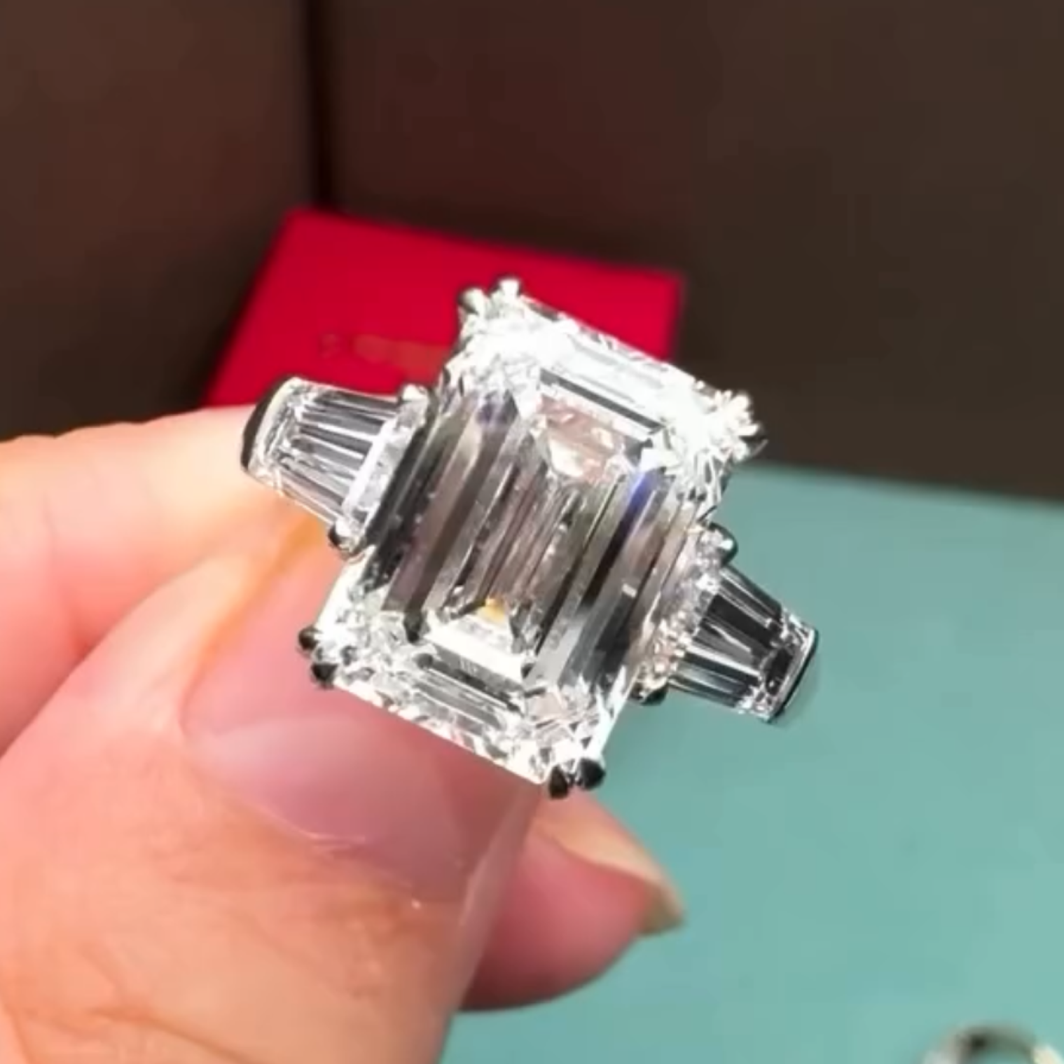 Emerald Cut Moissanite Engagement Ring Three Stone Gold Wedding Ring