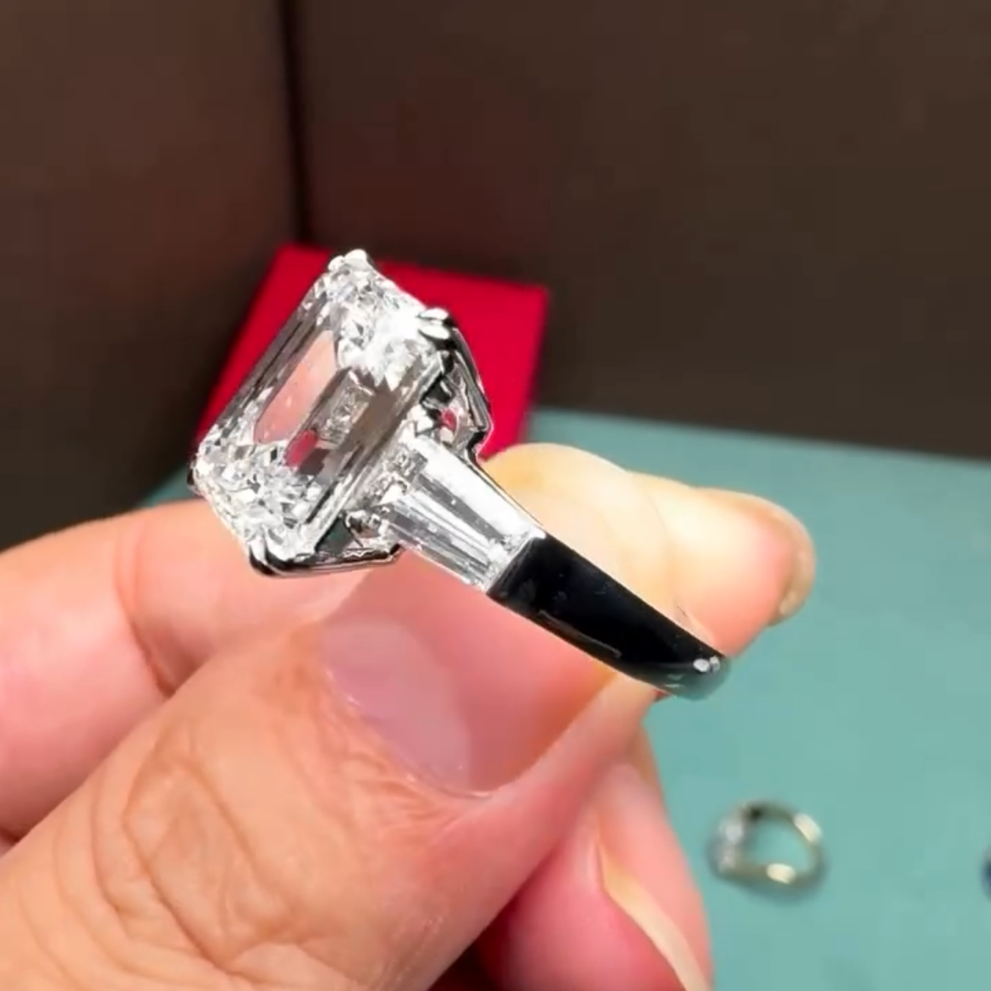 Emerald Cut Lab Grown Engagement Ring Three Stone Gold Wedding Ring