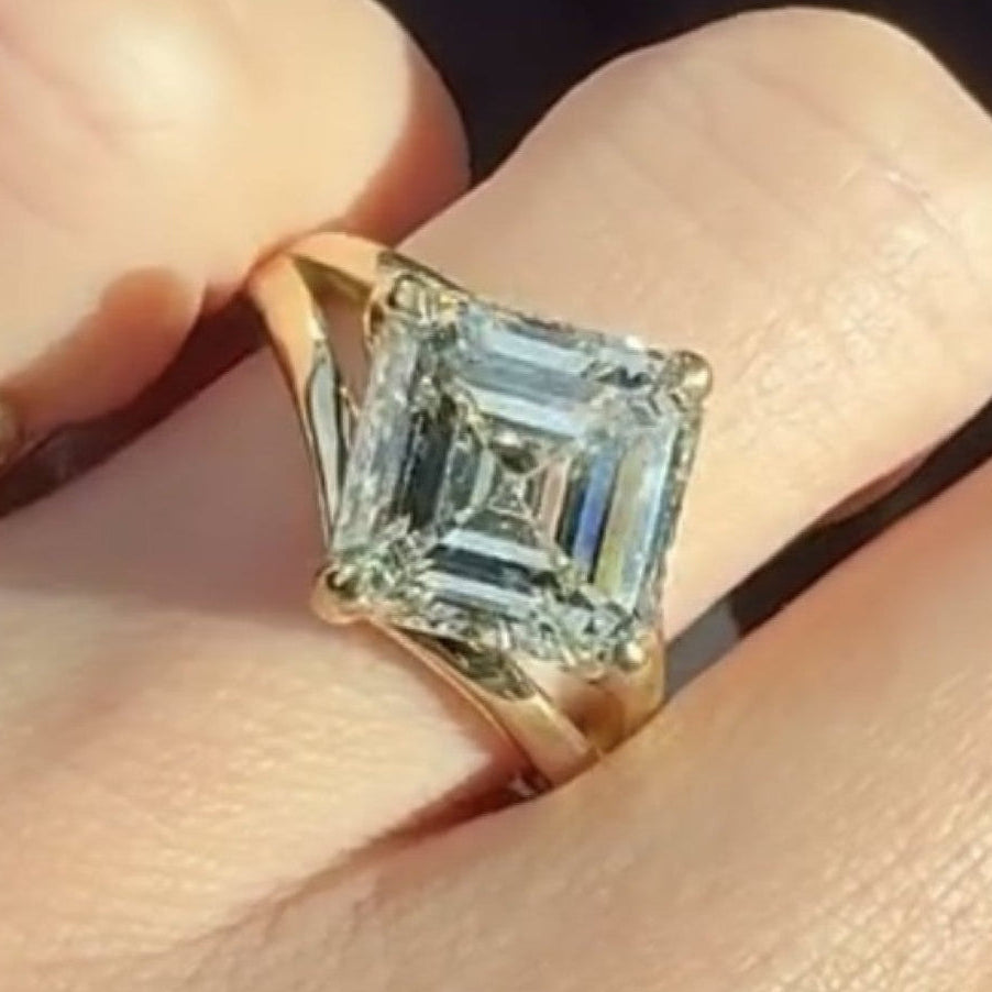 Asscher Cut Lab Grown Engagement Ring Split Shank Gold Unique Ring